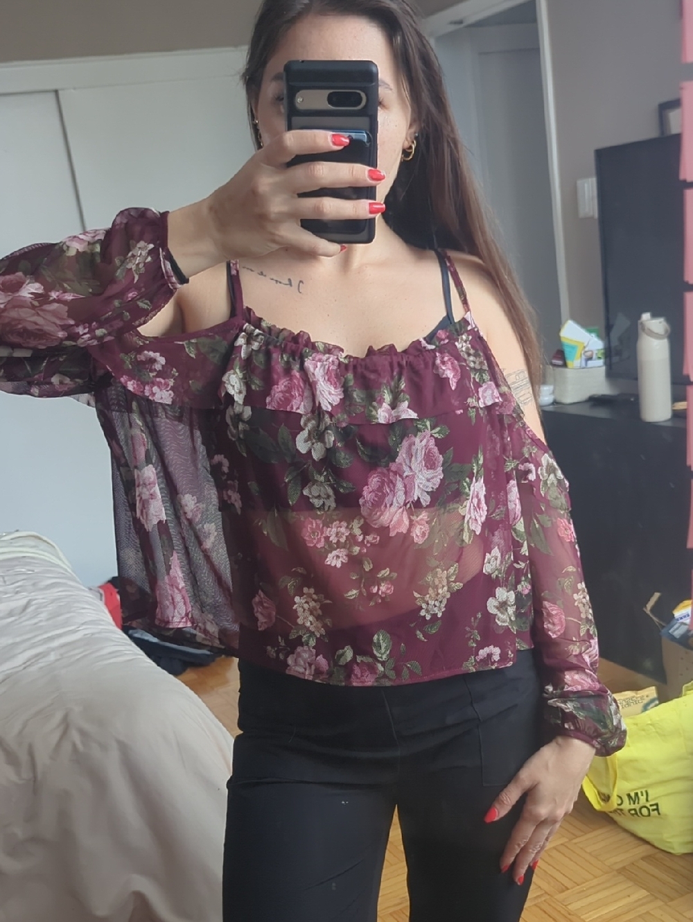 Ripe Burgundy Floral Off-Shoulder Chiffon Camisole